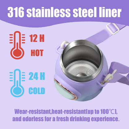 Botella de agua kawaii para agua caliente o fría, morada