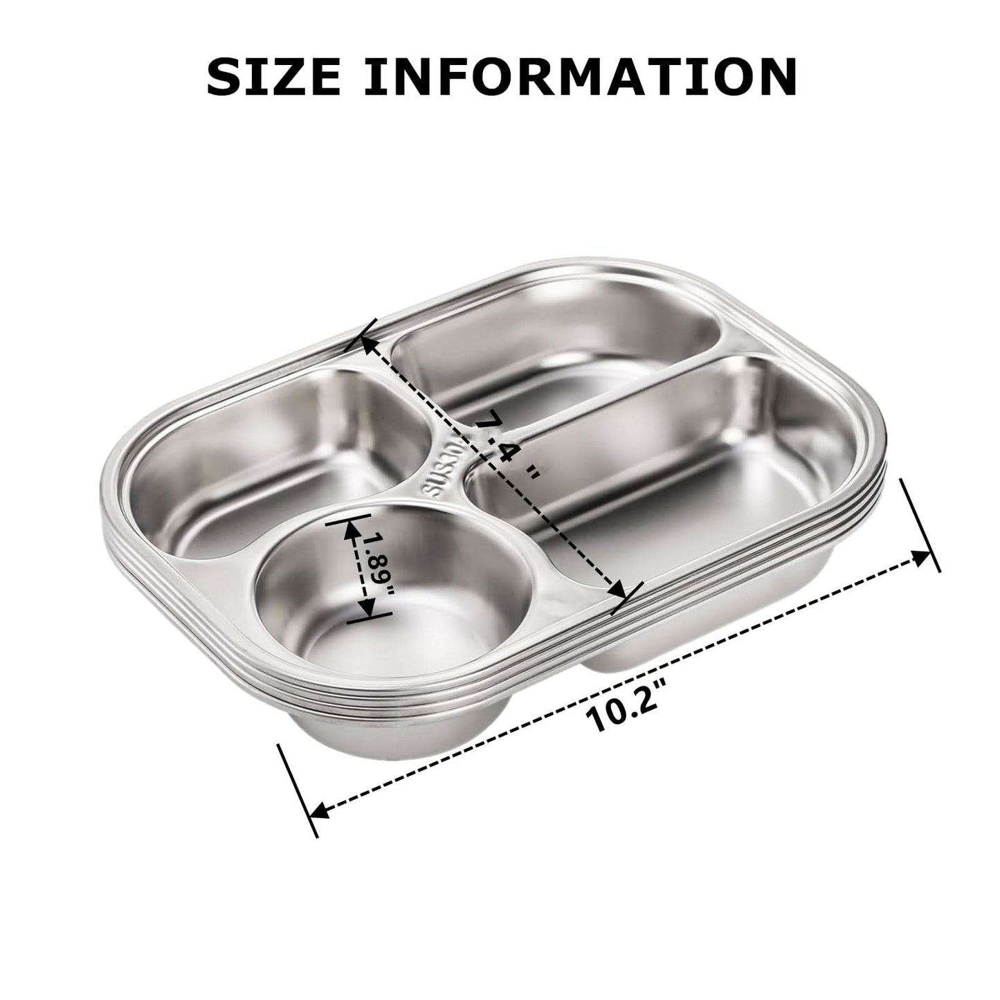 Paquete de 4 platos divididos de acero inoxidable 304, bandeja de almuerzo de 4 compartimentos
