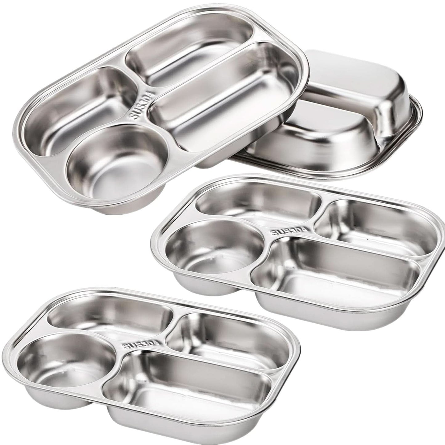 Paquete de 4 platos divididos de acero inoxidable 304, bandeja de almuerzo de 4 compartimentos