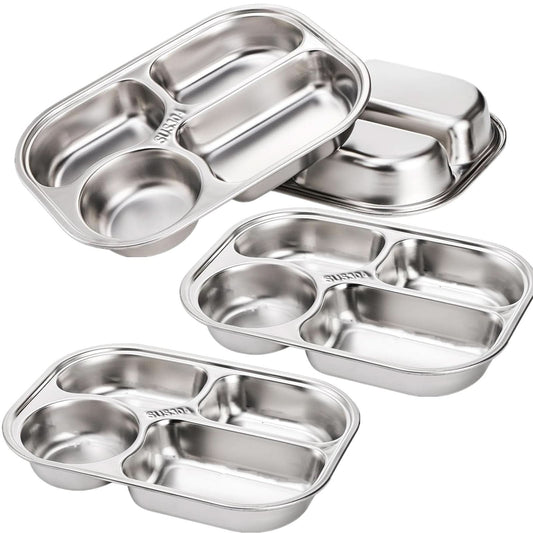 Paquete de 4 platos divididos de acero inoxidable 304, bandeja de almuerzo de 4 compartimentos