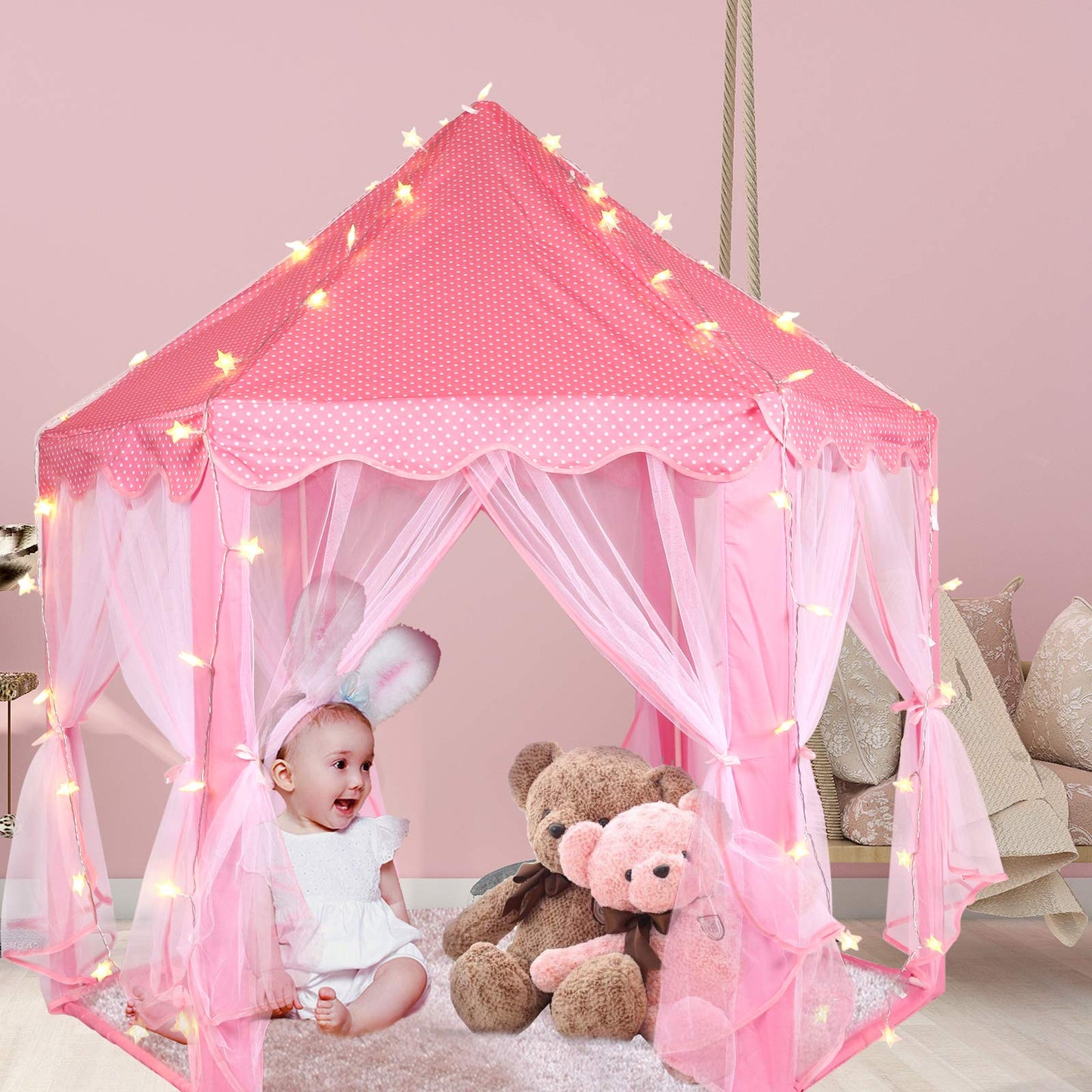 Tienda de campaña de princesa con luces LED de estrellas y alfombra
