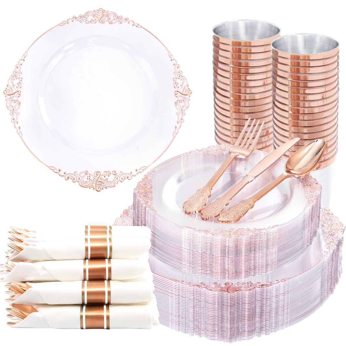 Platos de plástico color oro rosa transparente, elegante juego de vajilla desechable adecuado para 25 invitados,