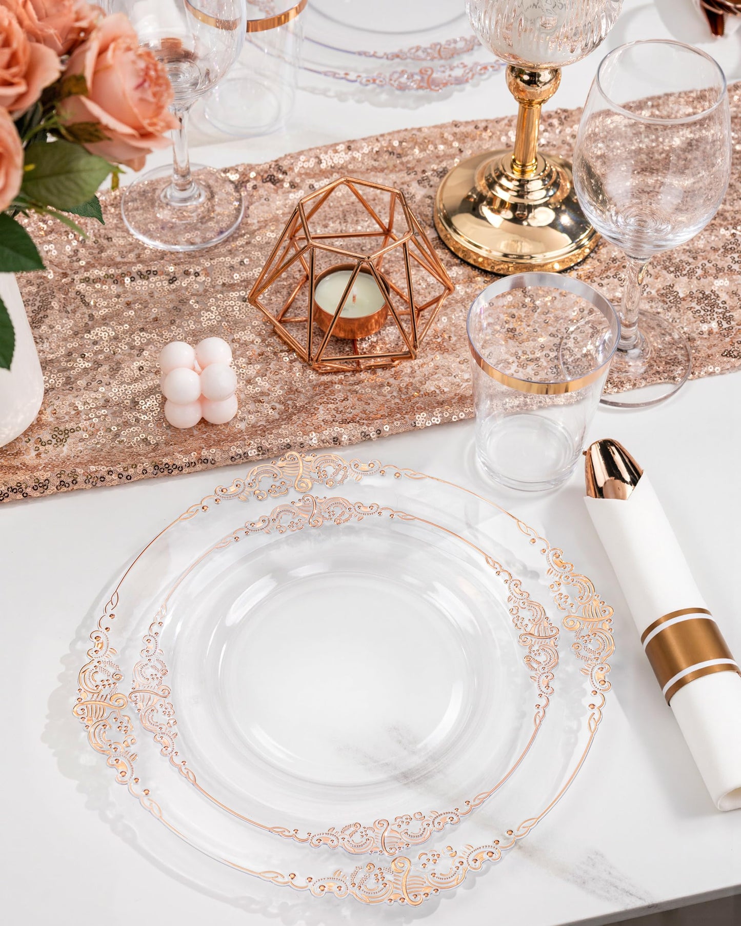 Platos de plástico color oro rosa transparente, elegante juego de vajilla desechable adecuado para 25 invitados,