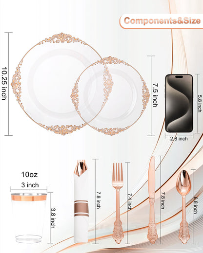 Platos de plástico color oro rosa transparente, elegante juego de vajilla desechable adecuado para 25 invitados,