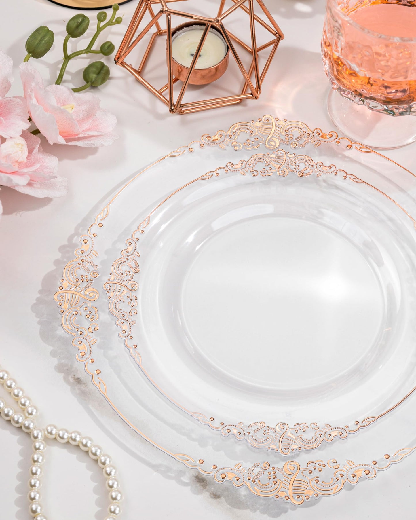 Platos de plástico color oro rosa transparente, elegante juego de vajilla desechable adecuado para 25 invitados,