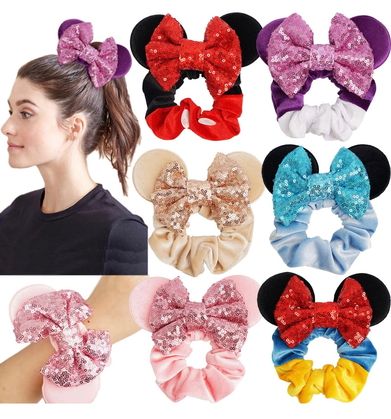 Coleteros Cellelection con orejas de Mickey Mouse, terciopelo y lentejuelas (6 unidades)