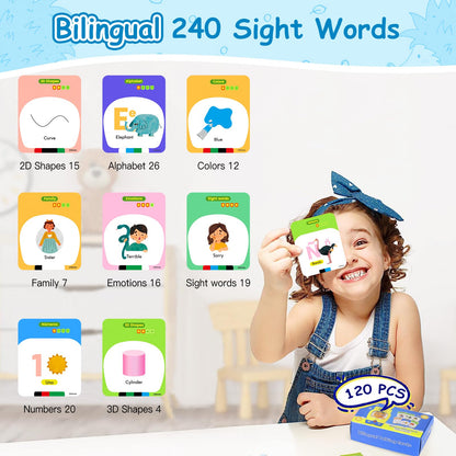 Qiaojoy - Tarjetas flash para hablar con 240 palabras de vista, juguetes sensoriales para niños, inglés  / español