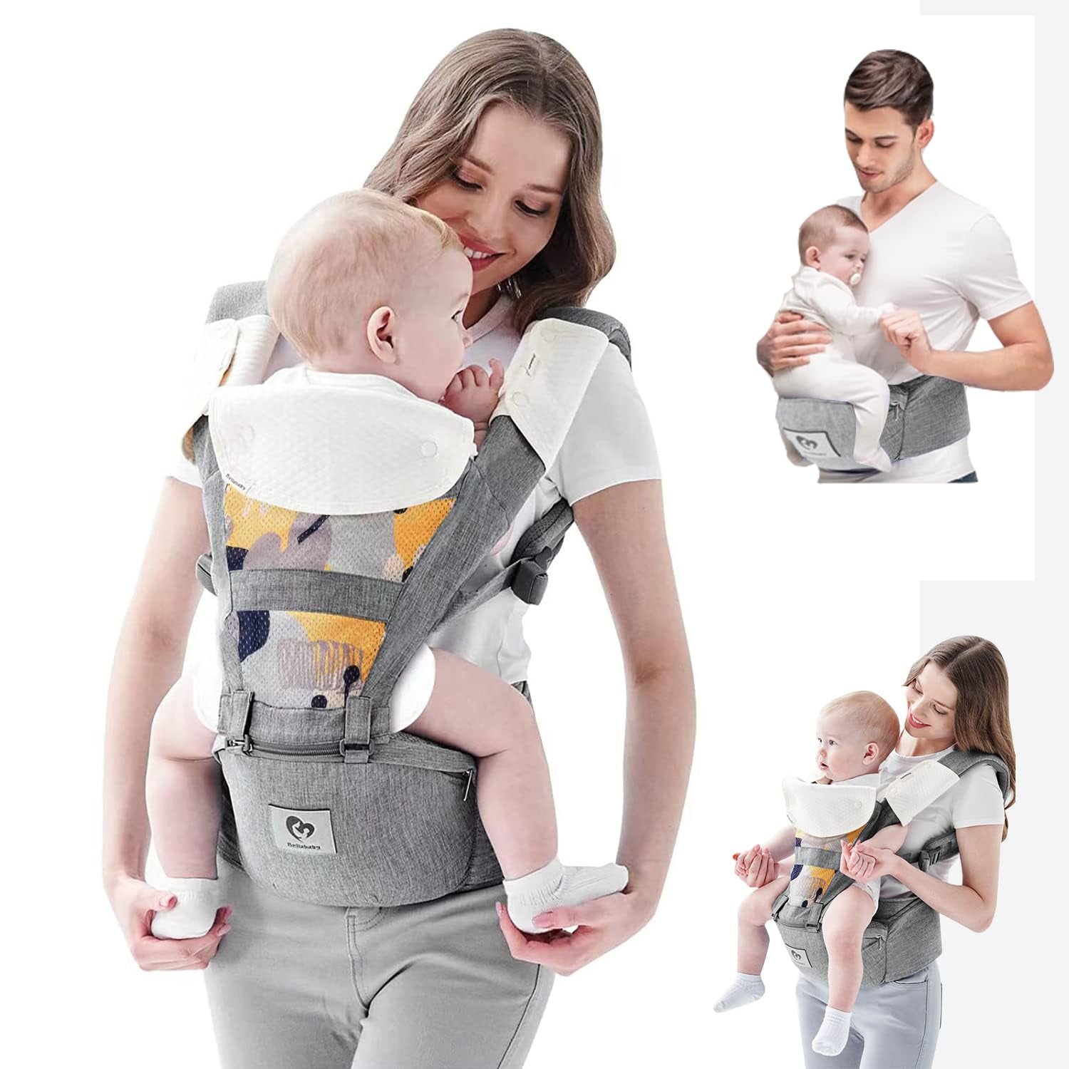 Bellababy - Portabebés multifunción con asiento de cadera (posición M ergonómica) para bebés de 3 a 36 meses