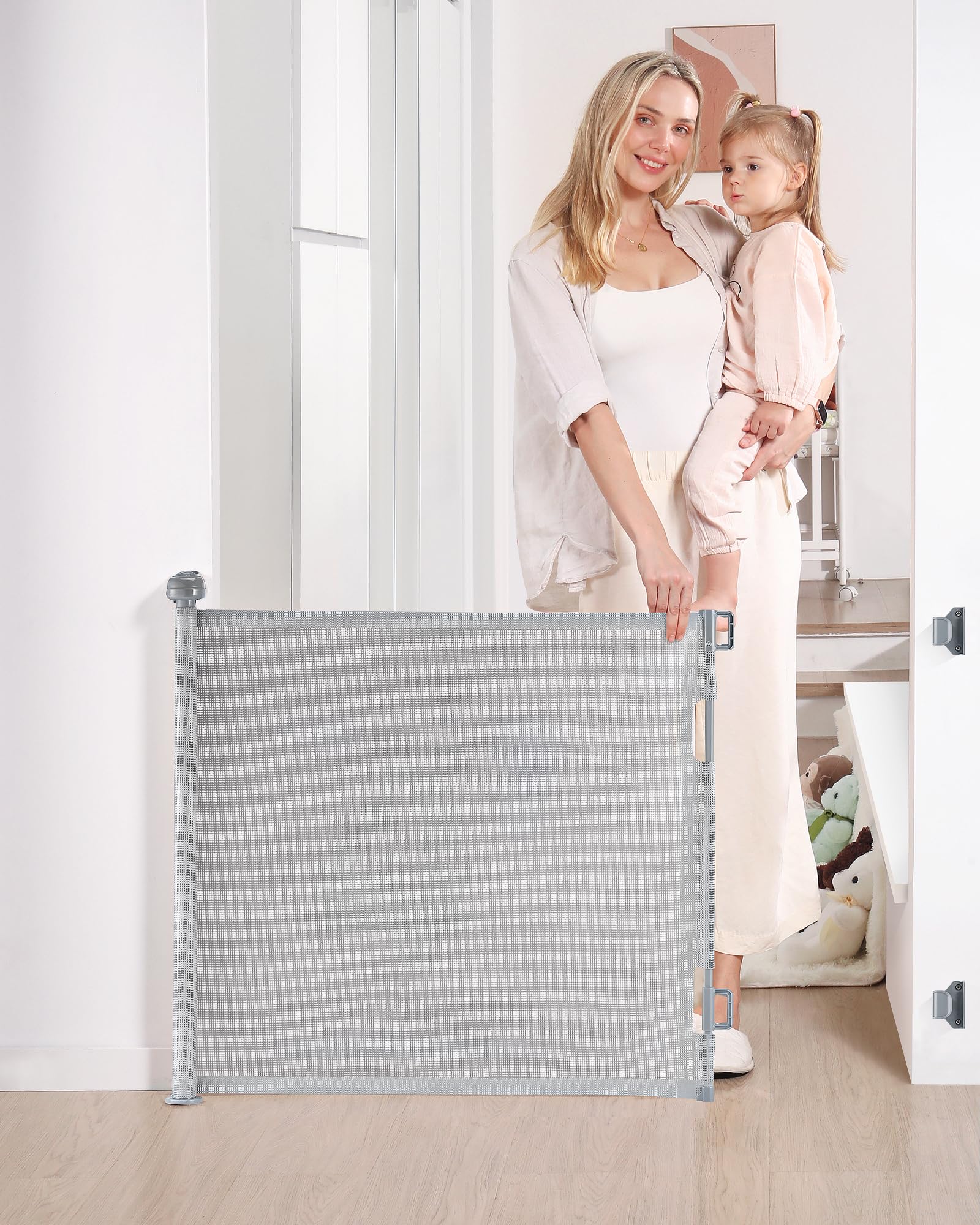 Puerta retráctil para bebés Likzest, puerta de malla para bebés y mascotas de 33" de alto, se extiende hasta 55, gris