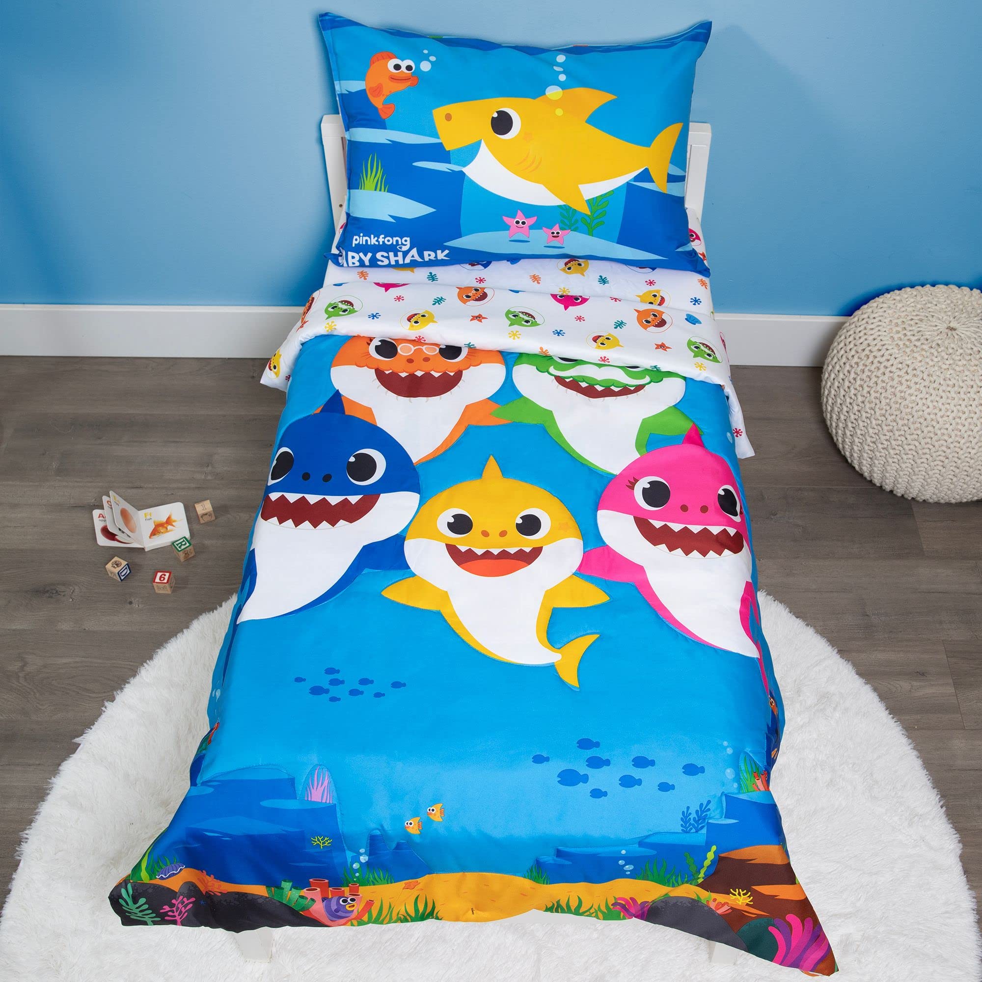 Baby Shark Juego de cama para niños de 4 piezas