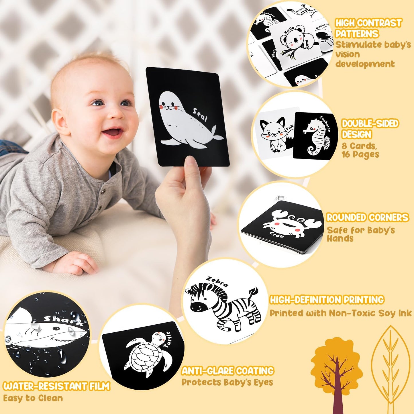 URMYWO Juguetes con espejo para tiempo boca abajo, tarjetas de aprendizaje con estimulación visual
