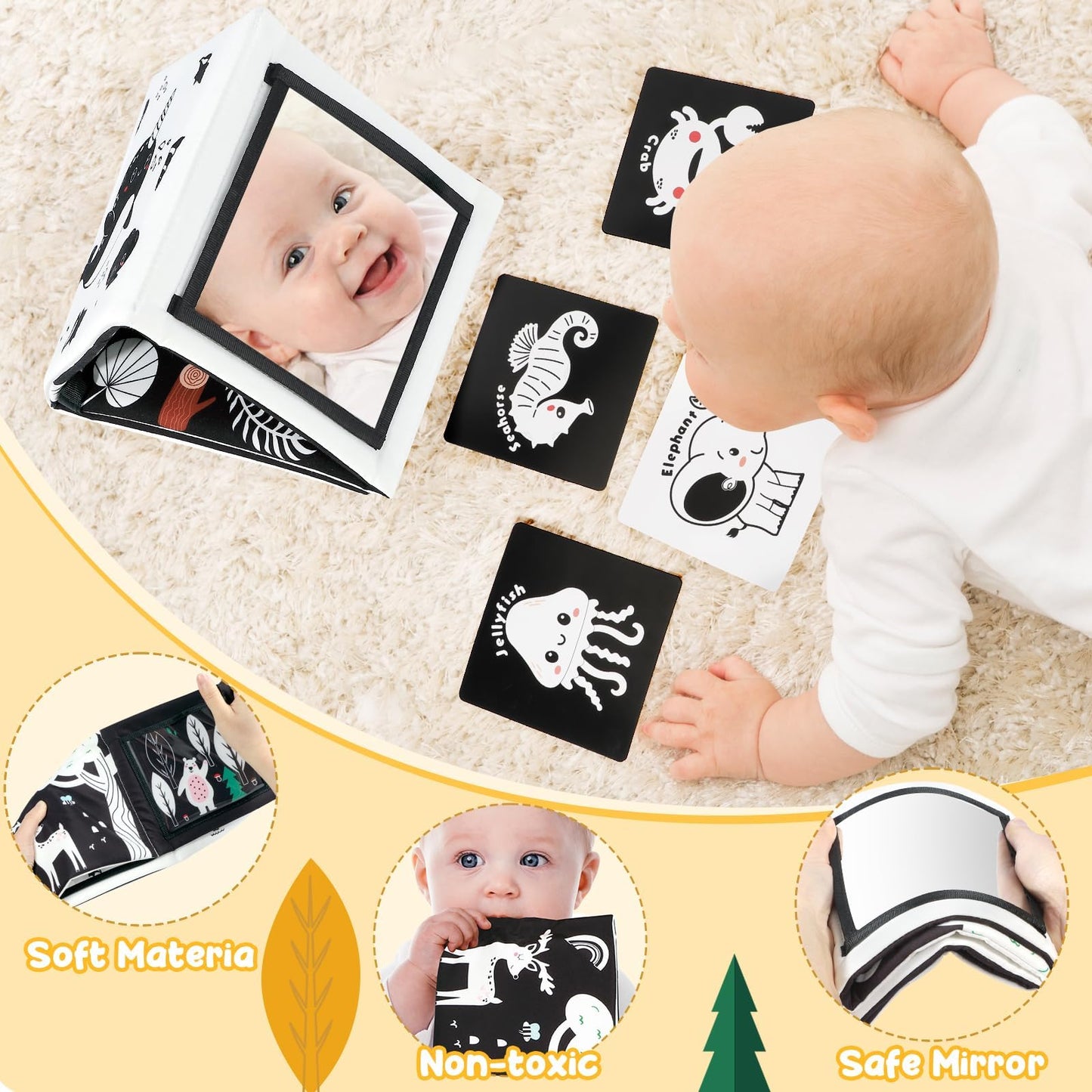 URMYWO Juguetes con espejo para tiempo boca abajo, tarjetas de aprendizaje con estimulación visual