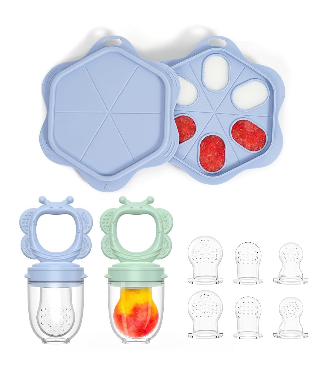 Alimentador de silicona para frutas para bebés (paquete de 2) con bandeja para congelador