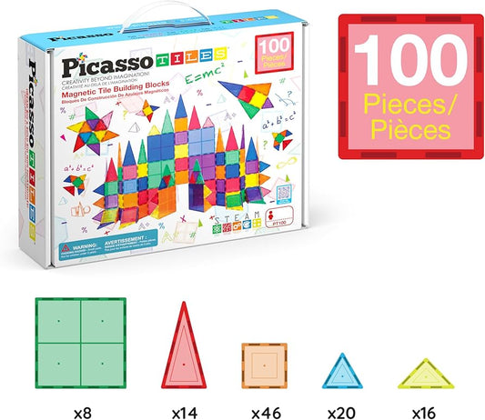 PicassoTiles Set de bloques azulejos magnéticos de construcción, 100 piezas