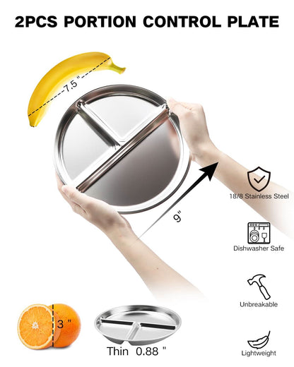 Bakpoco Platos de Acero Inoxidable para Niños 2 Paquetes, Platos Divididos de 9"