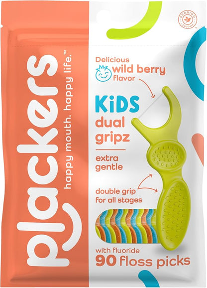 Plackers Palillos de hilo dental Dual Gripz para niños con mango de doble agarre, sabor a bayas silvestres, 90 unidades