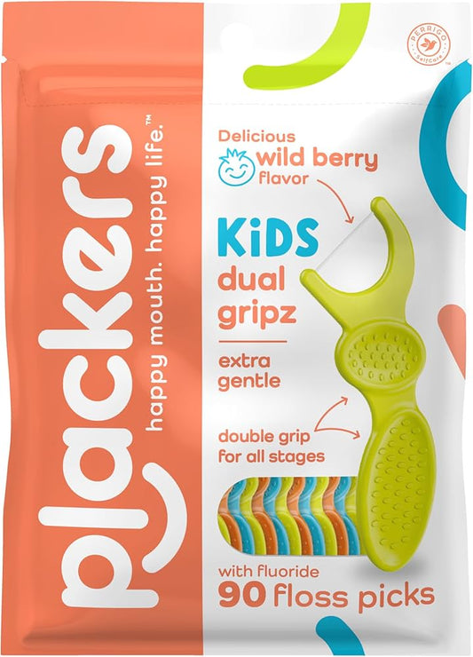 Plackers Palillos de hilo dental Dual Gripz para niños con mango de doble agarre, sabor a bayas silvestres, 90 unidades