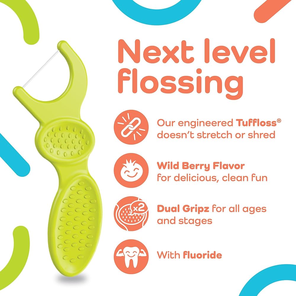 Plackers Palillos de hilo dental Dual Gripz para niños con mango de doble agarre, sabor a bayas silvestres, 90 unidades