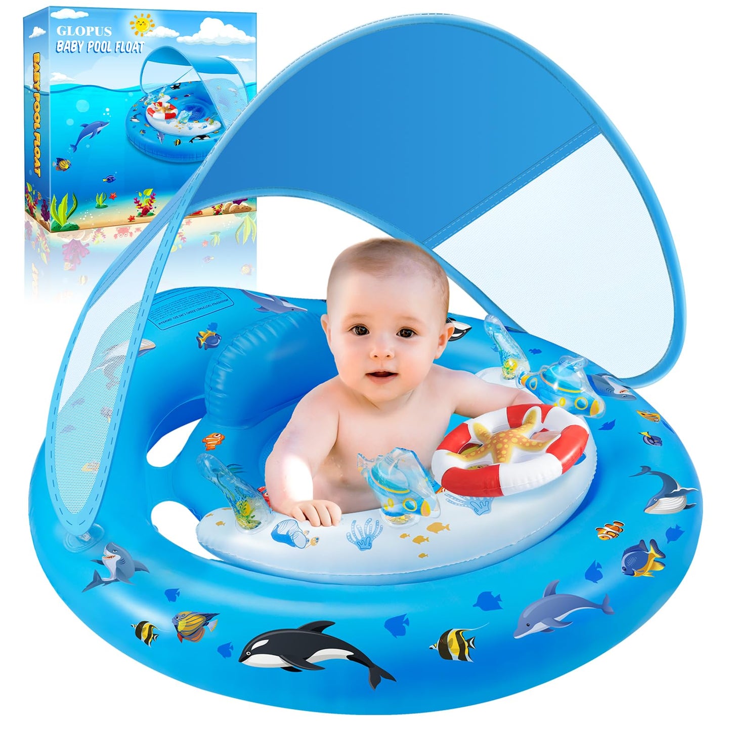 Flotador de piscina para bebé con dosel de protección solar UPF50+, de 6-36 meses