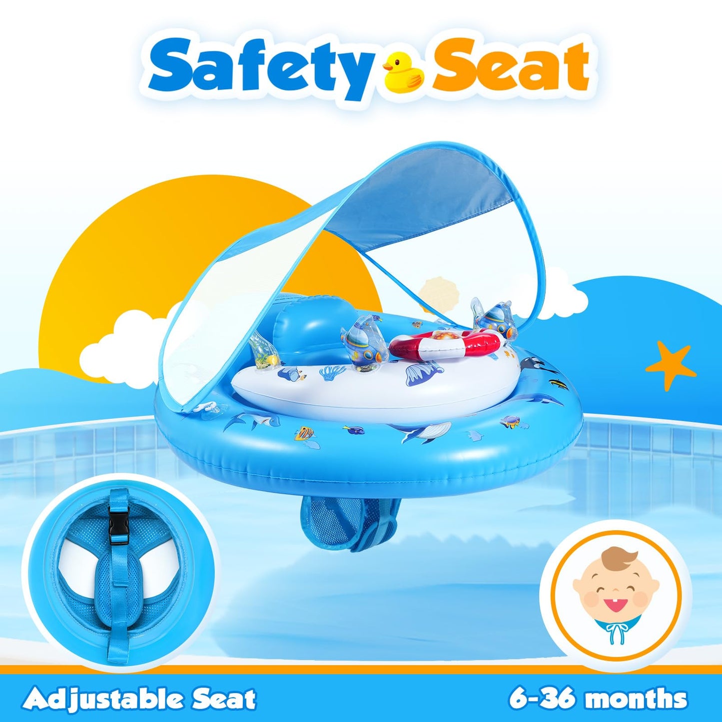 Flotador de piscina para bebé con dosel de protección solar UPF50+, de 6-36 meses