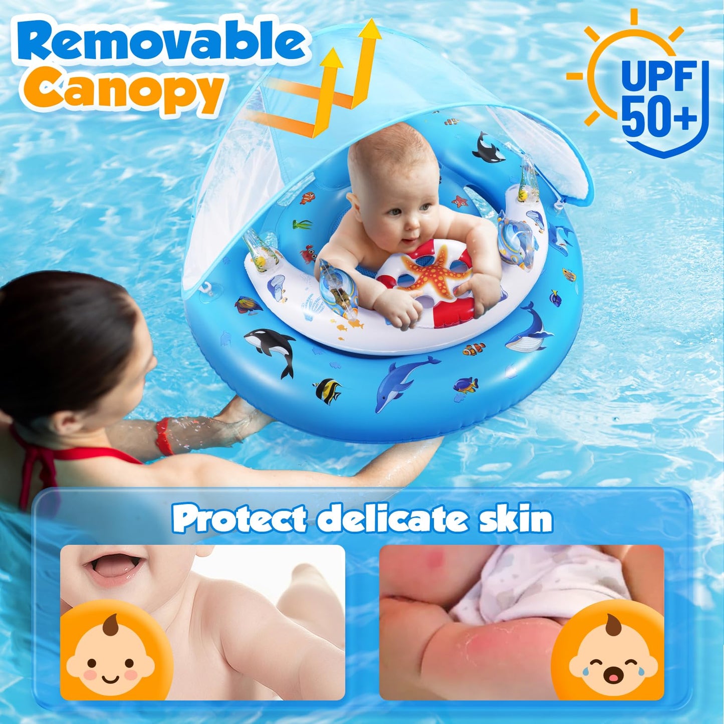 Flotador de piscina para bebé con dosel de protección solar UPF50+, de 6-36 meses