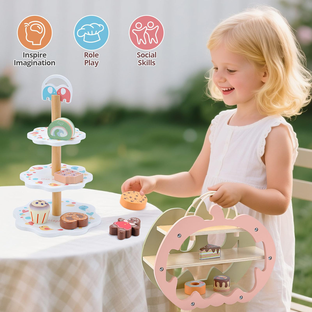 CUTE STONE Juego de fiesta de té de juguete de madera