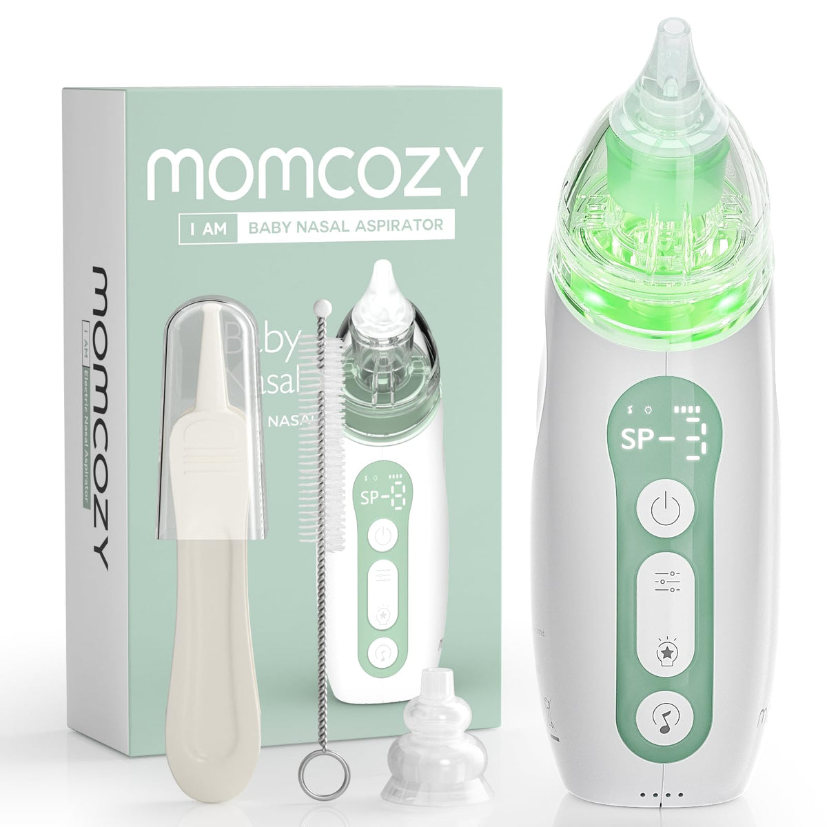 Aspirador Nasal Eléctrico Momcozy para Bebé – 3 Niveles de Succión, Luz y Música Calmante, Recargable y Portátil, con Estuche de Viaje