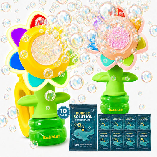 2 Pack de pistolas recargables para hacer burbujas en forma de flor para niños con luces LED