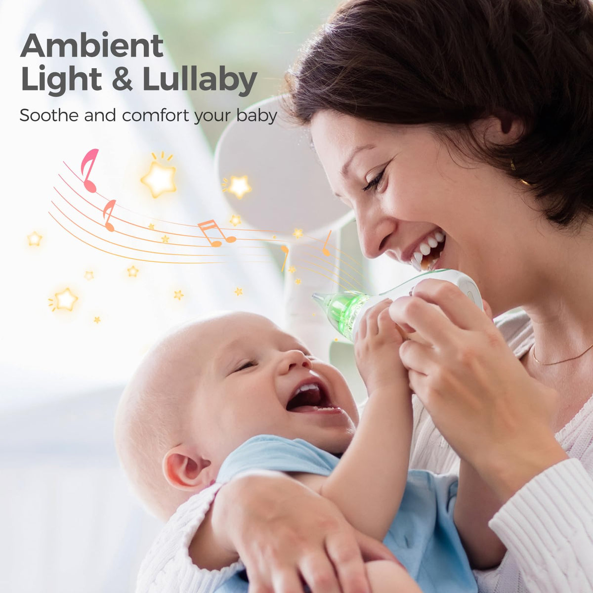 Aspirador Nasal Eléctrico Momcozy para Bebé – 3 Niveles de Succión, Luz y Música Calmante, Recargable y Portátil, con Estuche de Viaje