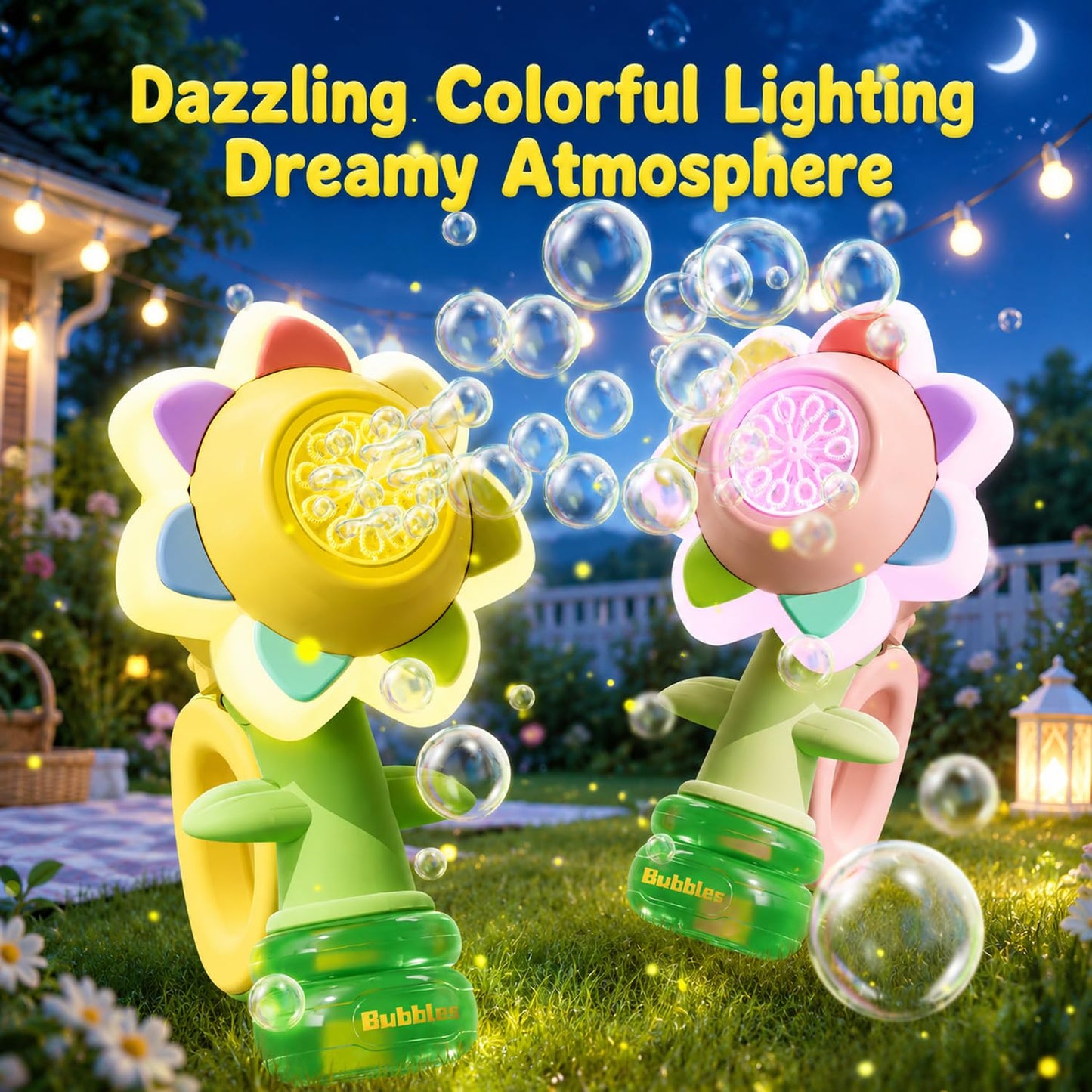 2 Pack de pistolas recargables para hacer burbujas en forma de flor para niños con luces LED