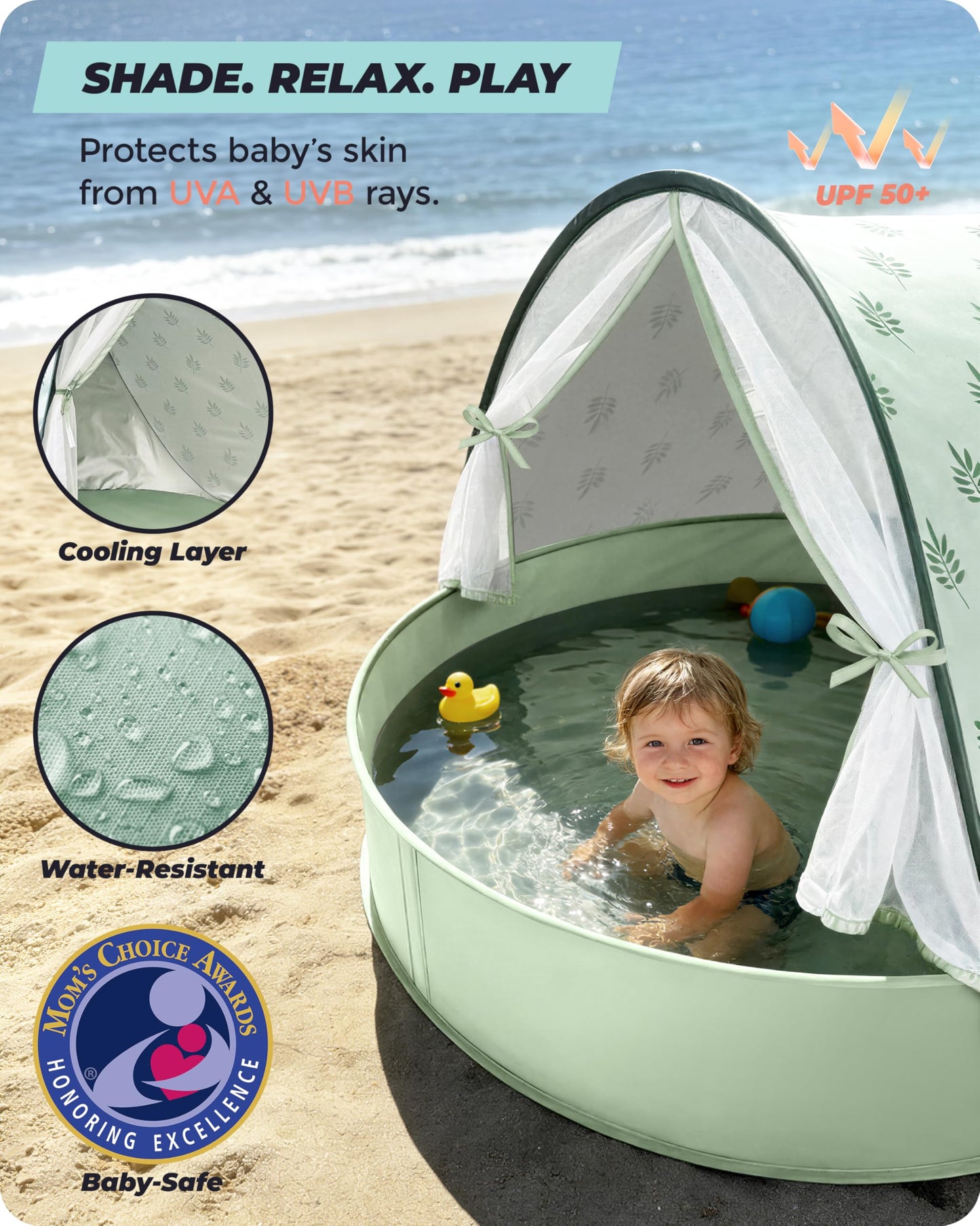 Tienda de playa para bebés con piscina: refugio solar desplegable mejorado 3 en 1 (verde) | Protección UPF 50+