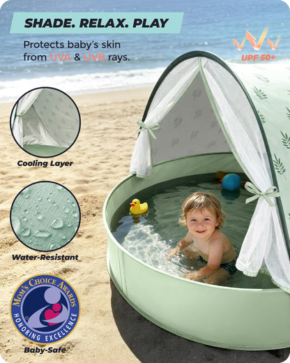 Tienda de playa para bebés con piscina: refugio solar desplegable mejorado 3 en 1 (verde) | Protección UPF 50+