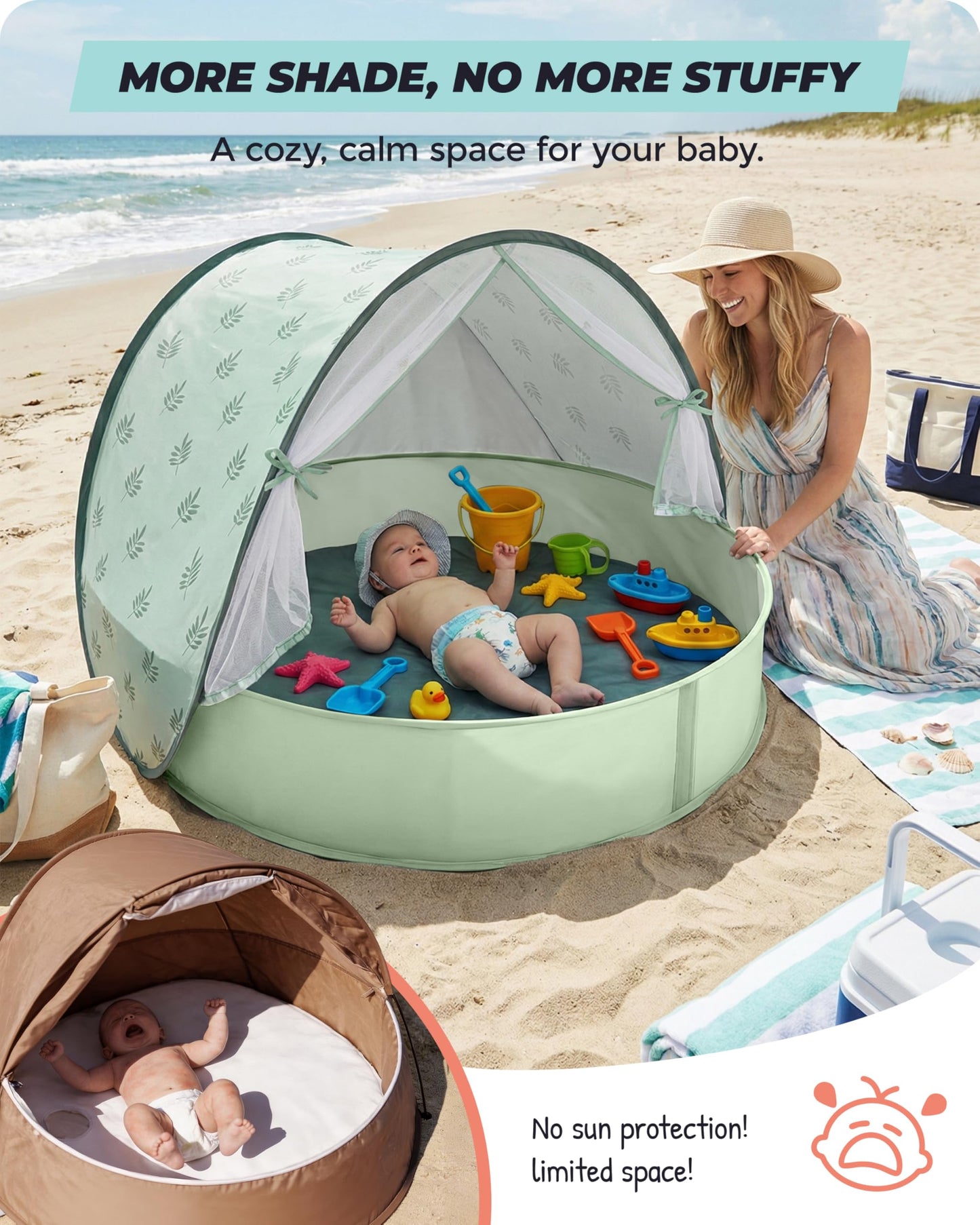 Tienda de playa para bebés con piscina: refugio solar desplegable mejorado 3 en 1 (verde) | Protección UPF 50+