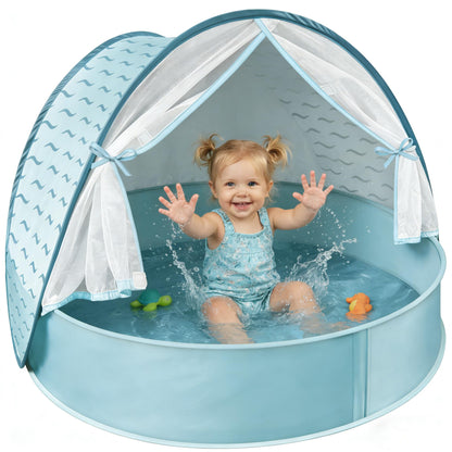 Tienda de playa para bebés con piscina: refugio solar desplegable mejorado 3 en 1 (celeste) | Protección UPF 50+