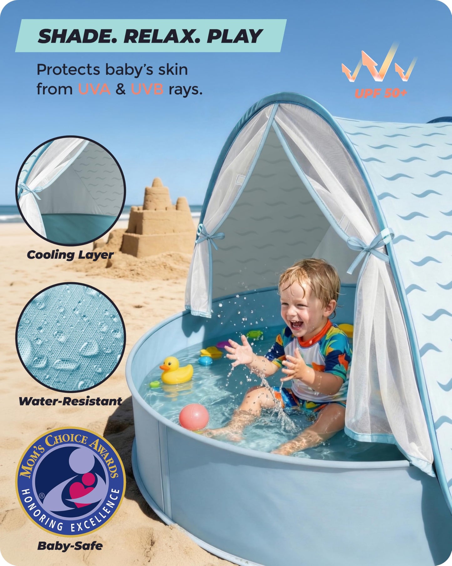 Tienda de playa para bebés con piscina: refugio solar desplegable mejorado 3 en 1 (celeste) | Protección UPF 50+