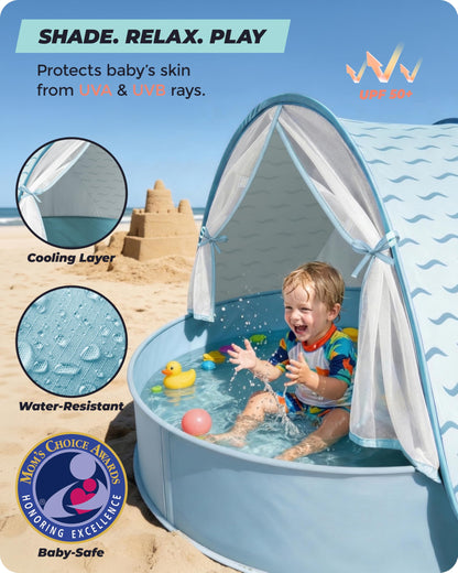 Tienda de playa para bebés con piscina: refugio solar desplegable mejorado 3 en 1 (celeste) | Protección UPF 50+