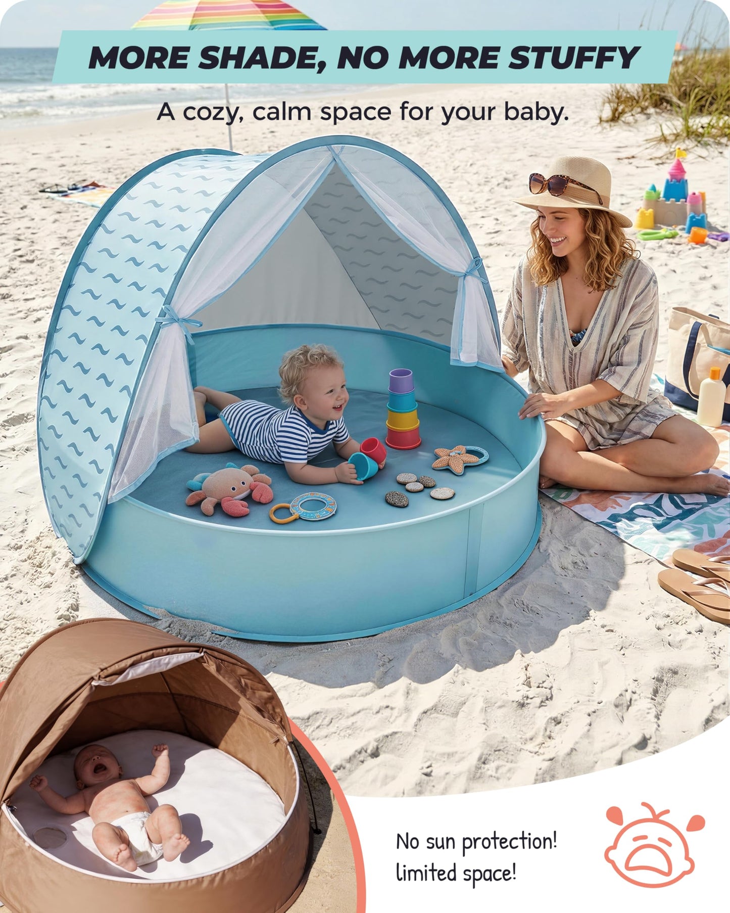 Tienda de playa para bebés con piscina: refugio solar desplegable mejorado 3 en 1 (celeste) | Protección UPF 50+