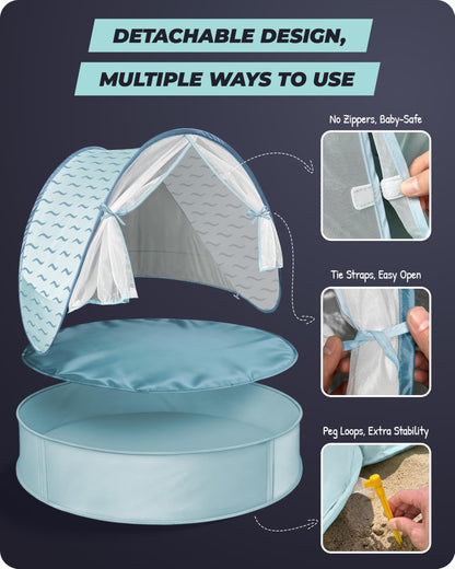 Tienda de playa para bebés con piscina: refugio solar desplegable mejorado 3 en 1 (celeste) | Protección UPF 50+