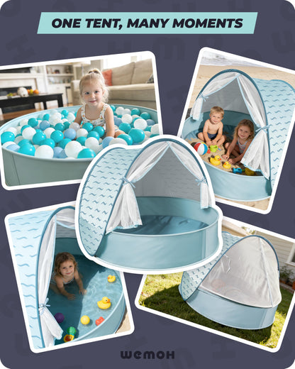 Tienda de playa para bebés con piscina: refugio solar desplegable mejorado 3 en 1 (celeste) | Protección UPF 50+