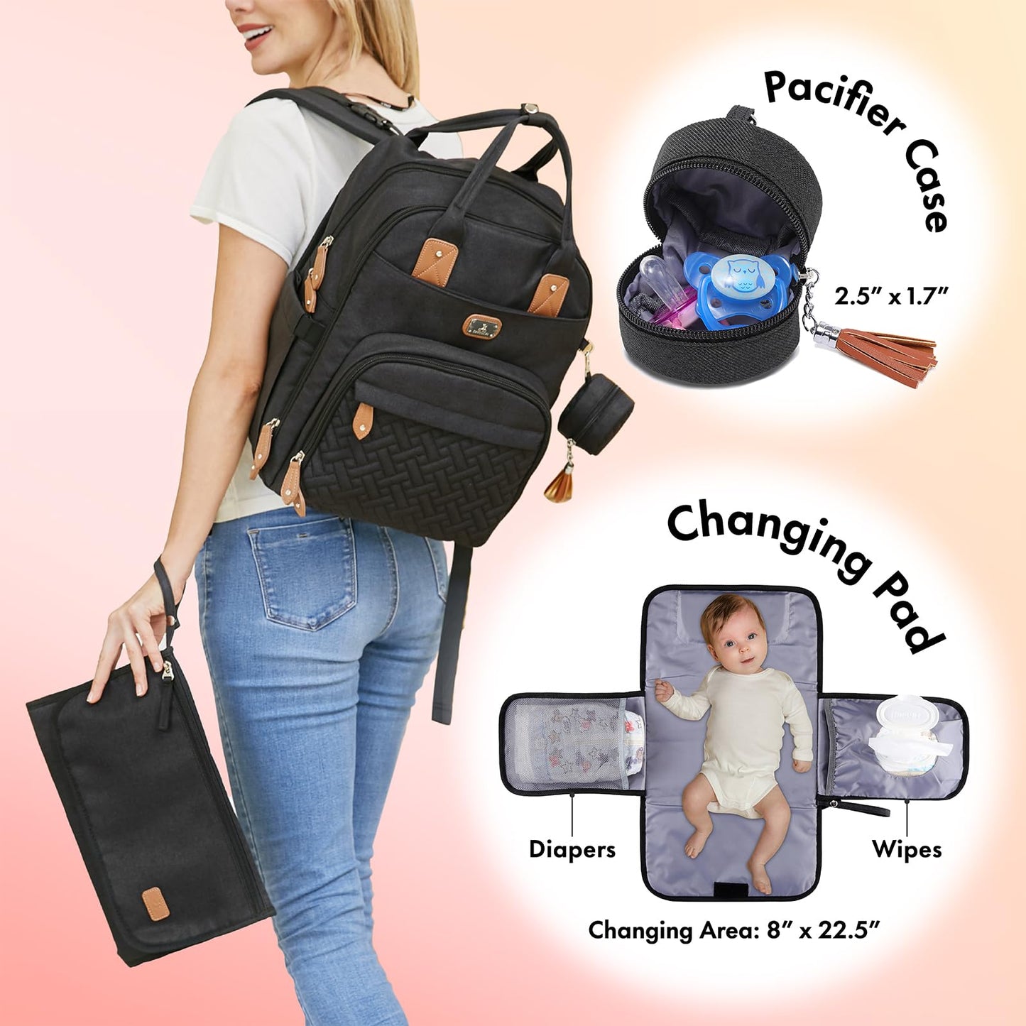 Dikaslon Mochila para pañales con cambiador portátil, funda para chupete