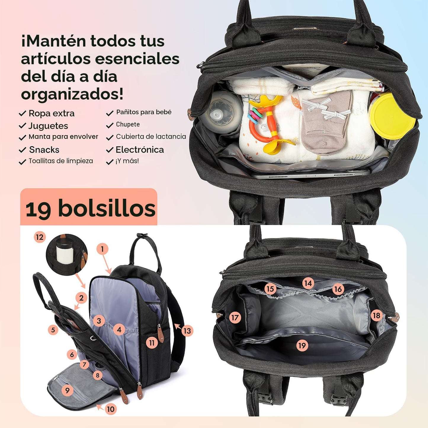 Dikaslon Mochila para pañales con cambiador portátil, funda para chupete