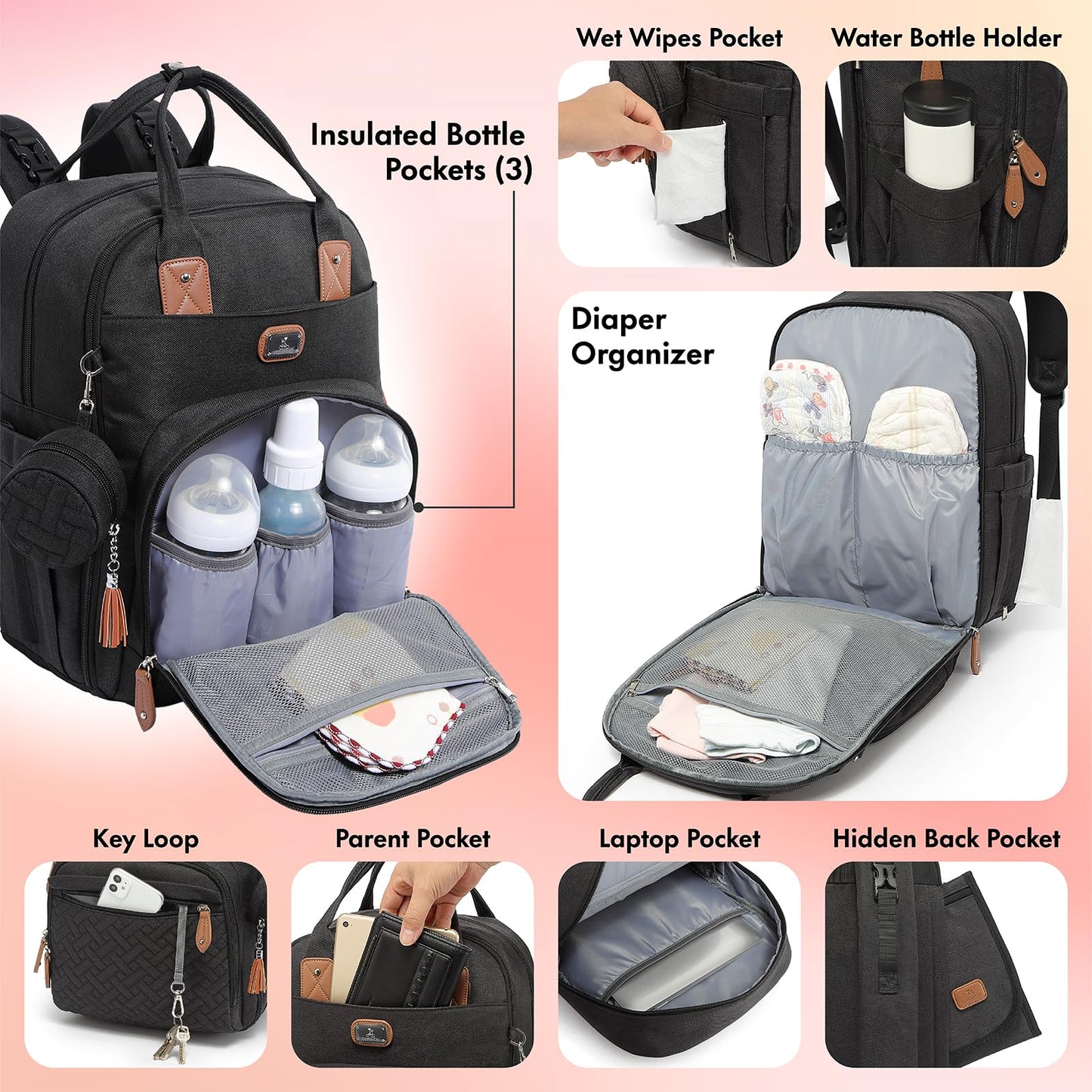 Dikaslon Mochila para pañales con cambiador portátil, funda para chupete