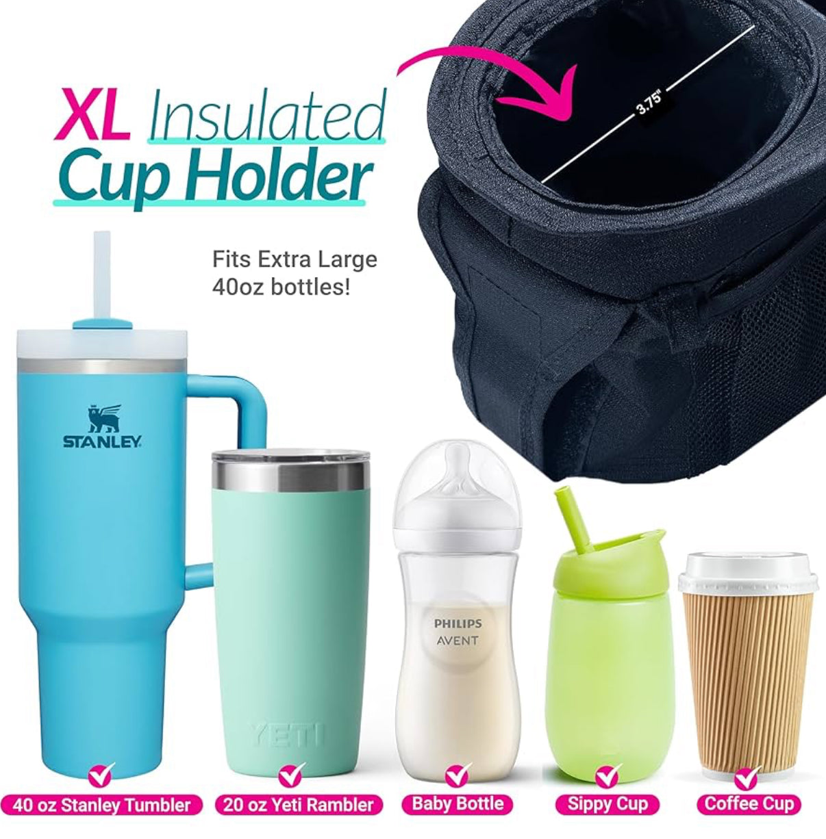 Swanoo Organizador de cochecito con soporte para tazas