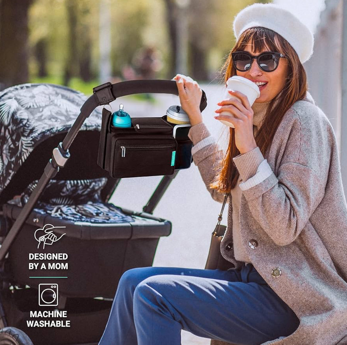 Swanoo Organizador de cochecito con soporte para tazas