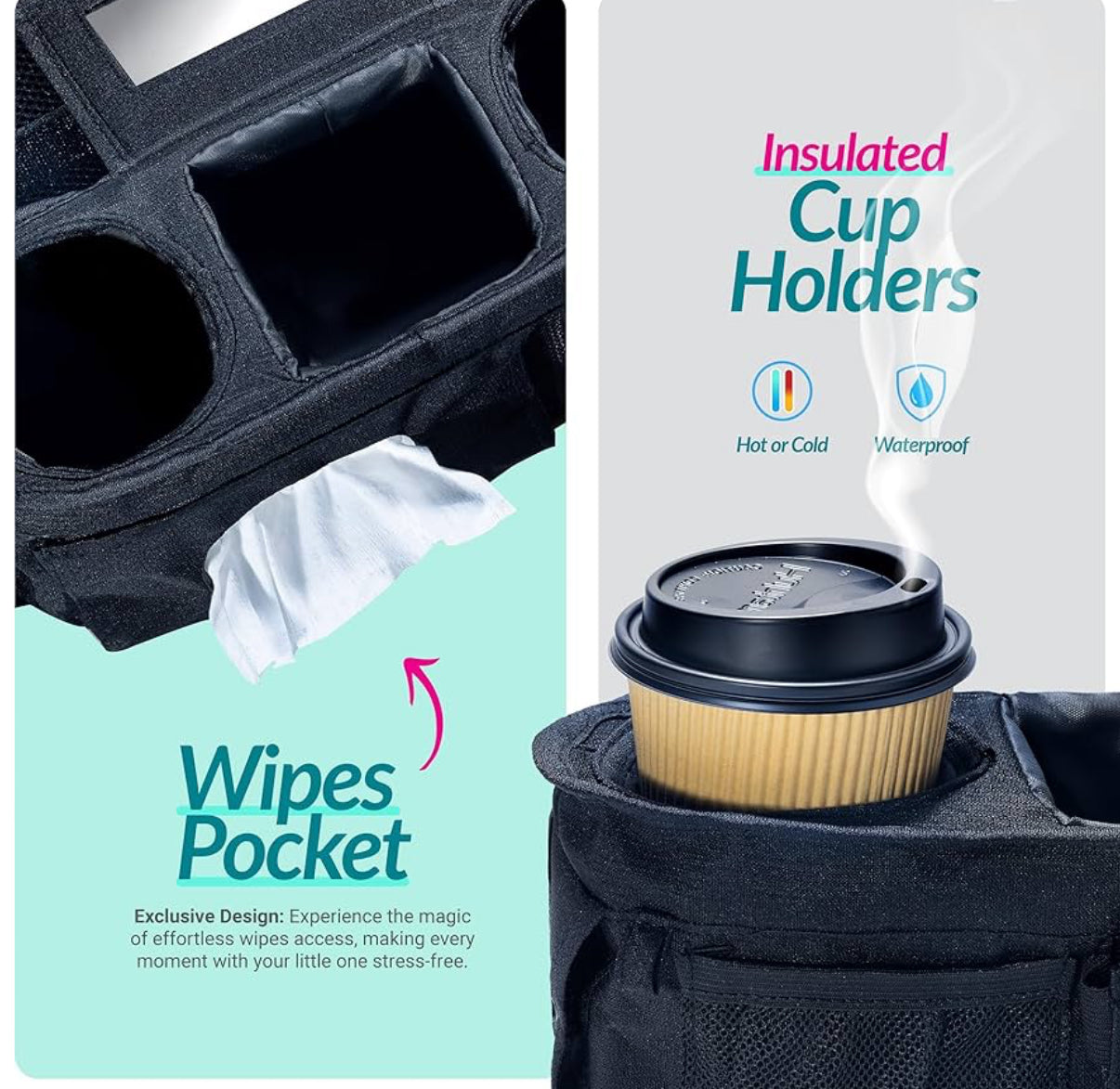 Swanoo Organizador de cochecito con soporte para tazas