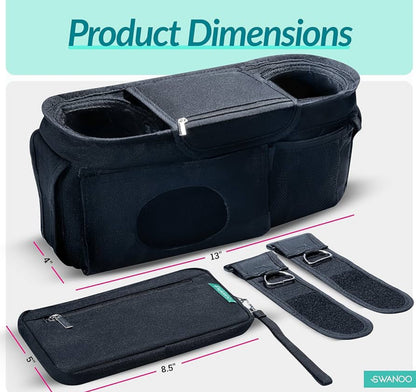Swanoo Organizador de cochecito con soporte para tazas