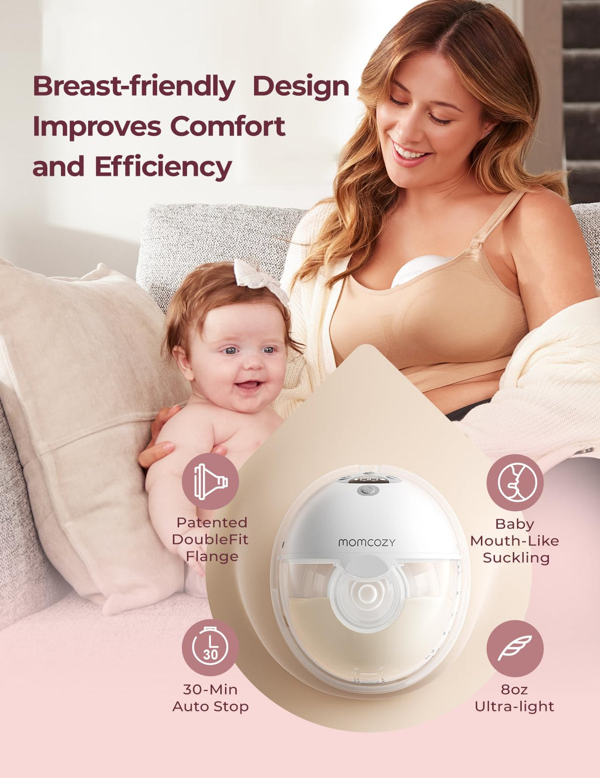 Extractor portátil Momcozy M5 de 24mm, incluye bridas 21/19/17, batería de larga duración, capacidad 160ml, color gris, doble copa