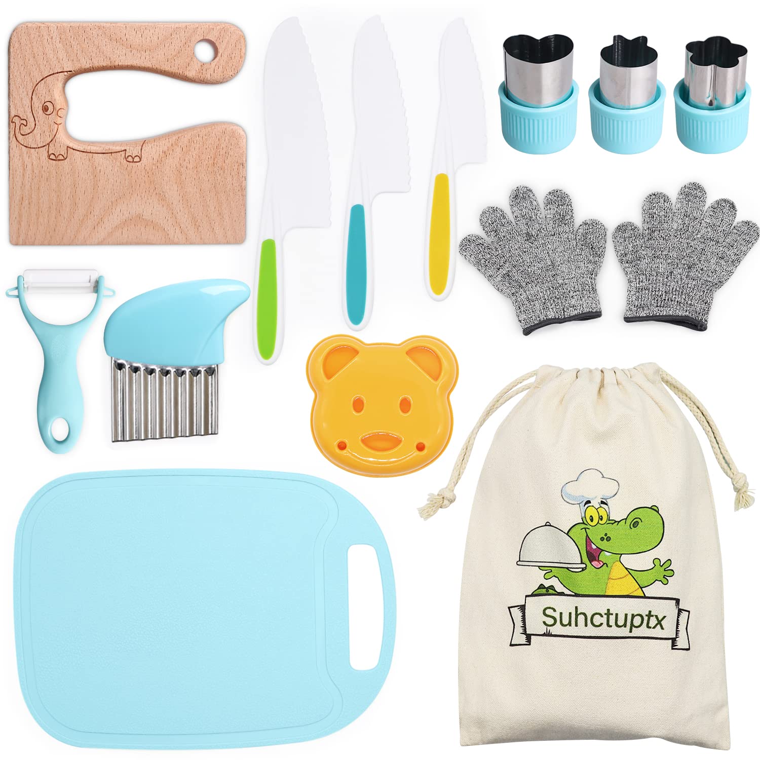 Juego de 14 cuchillos de cocina de madera para niños, incluye guantes