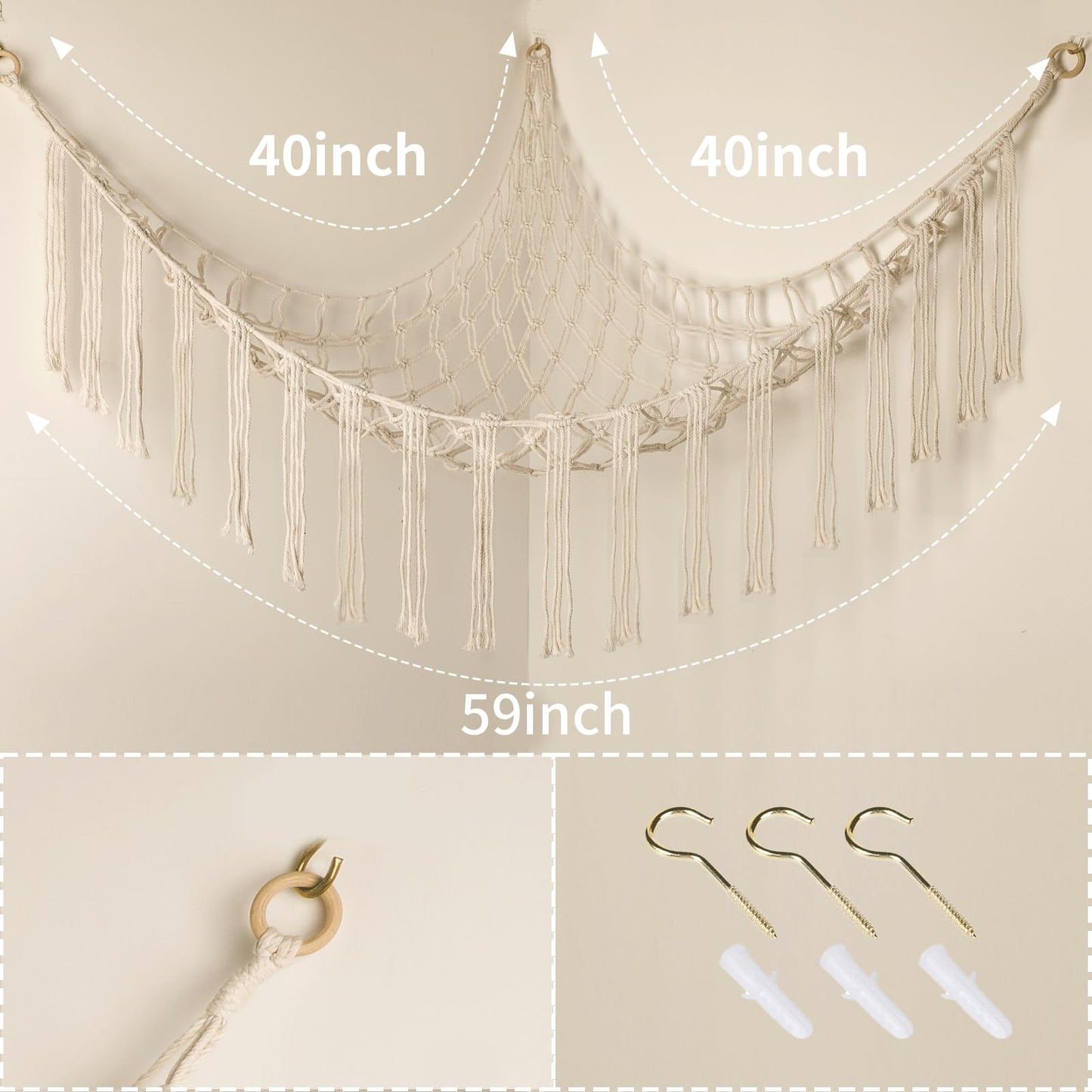 Hamaca esquinera de animales de peluche, hamaca grande tejida a mano con anillos de madera