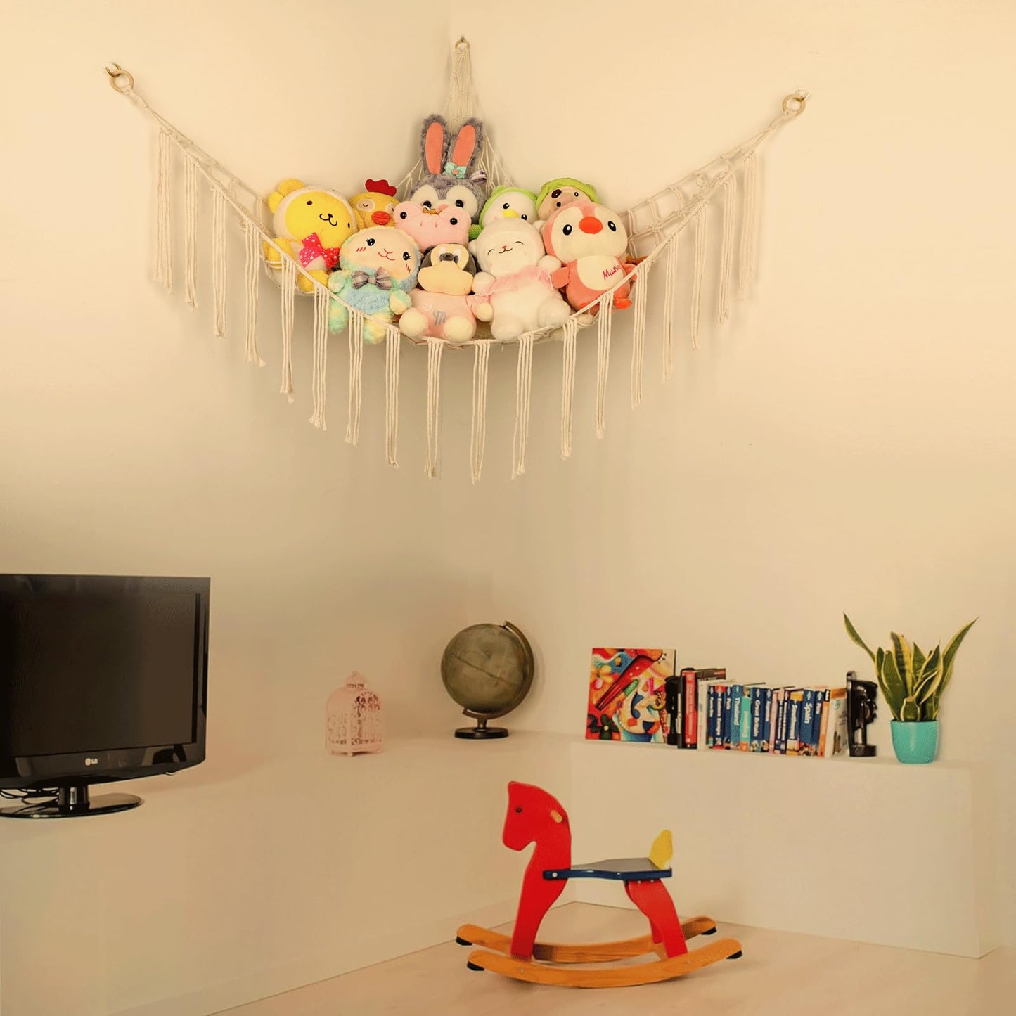 Hamaca esquinera de animales de peluche, hamaca grande tejida a mano con anillos de madera